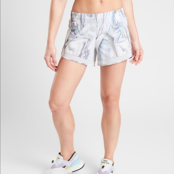 NEW Athleta Blue Printed Mesh Racer Run Short - Picture 1 of 6